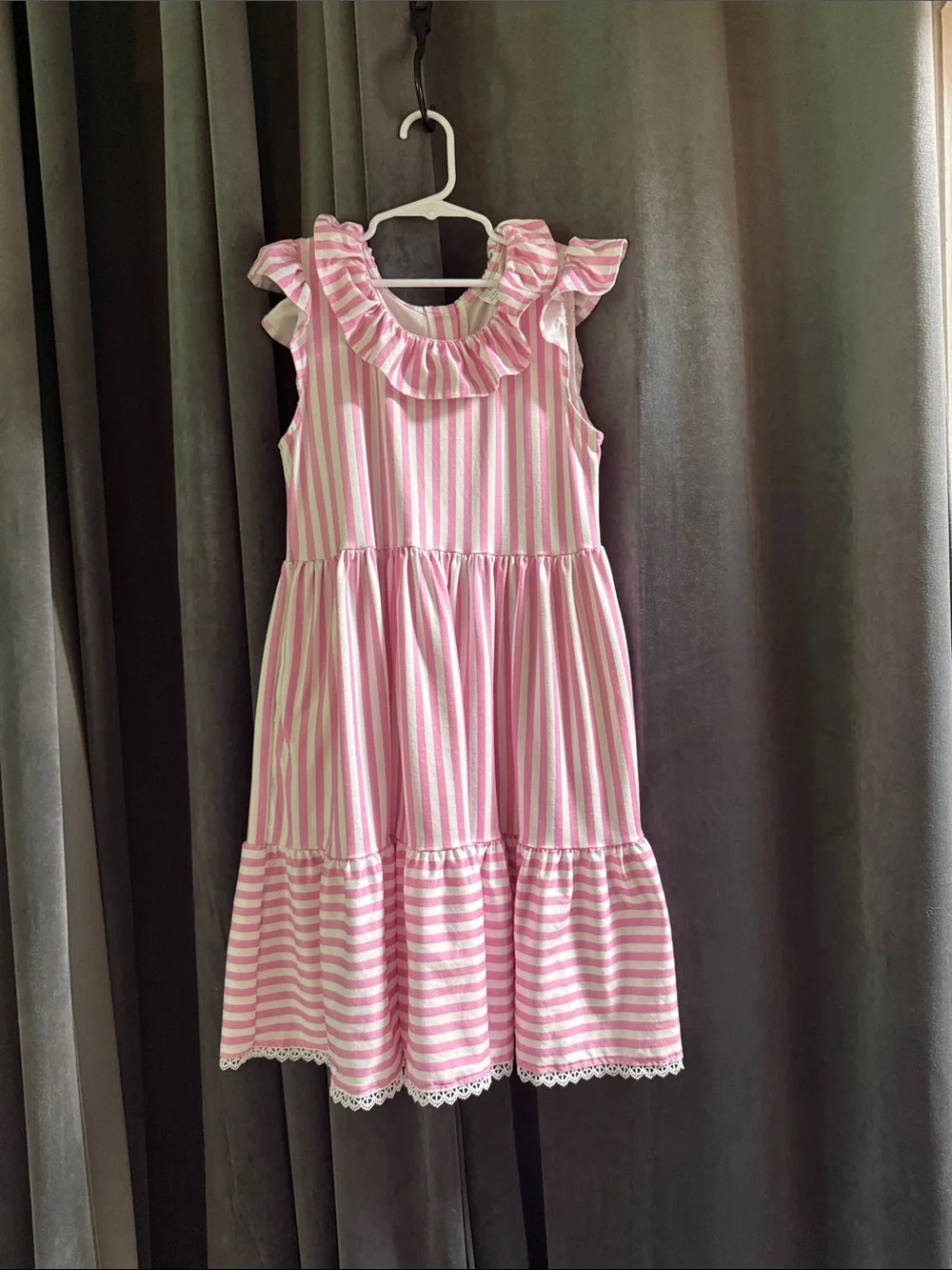 Girls' Pink Stripe Ruffle Neck Casual Dress